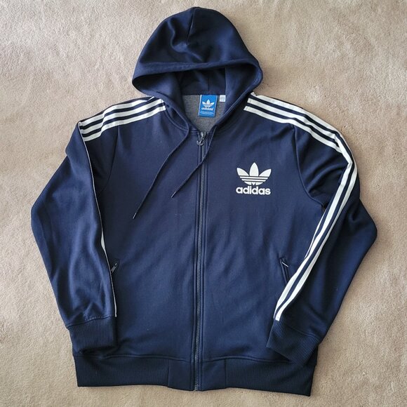 Adidas Navy Blue Hoodie with White Stripes - Picture 5 of 11